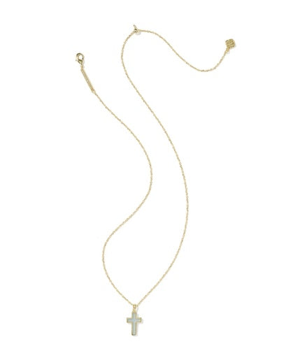 Gold necklace with a cross pendant on a white background
