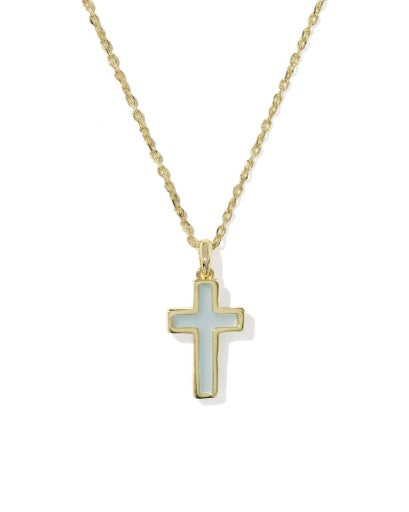 Gold cross necklace with a light blue pendant on a white background