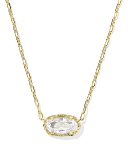 Gold necklace with a clear gemstone pendant on a white background