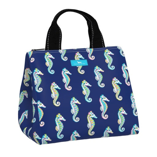A blue lunch bag with multicolored seahorse patterns, featuring a black handle and a zipper closure.