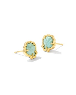 Gold earrings with turquoise stones on a white background