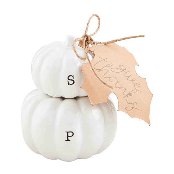 white pumpkin salt and shaker set against white background