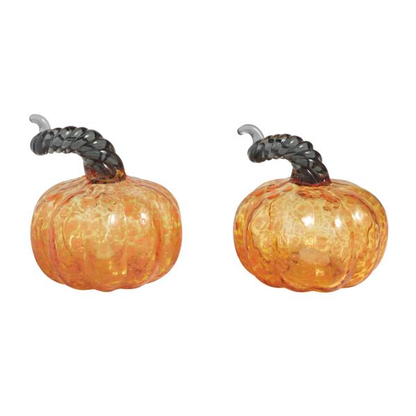 Two decorative glass pumpkins in a warm orange color with a textured, crackled finish and dark braided stems, shown side by side on a white background.