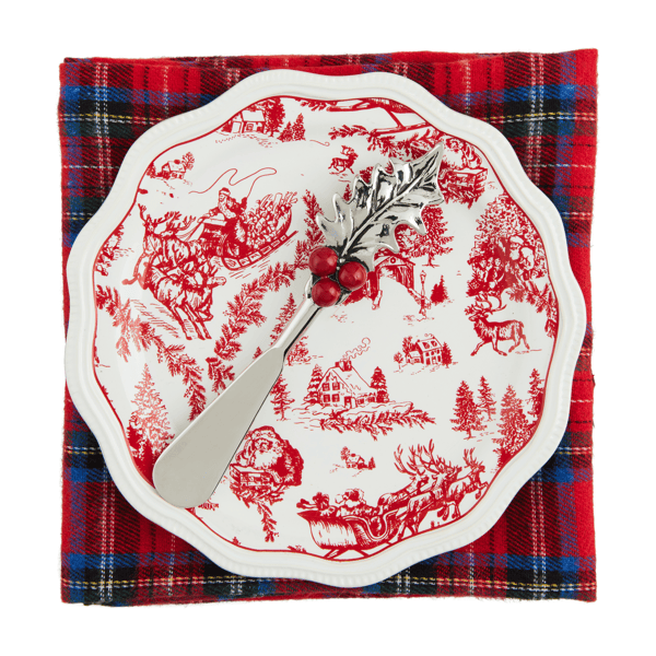 toile red and white bowl with plaid placemat against white background