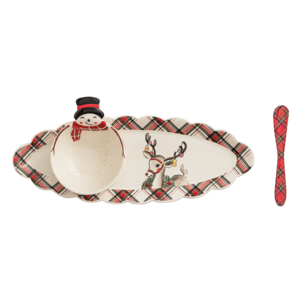 snowman and reindeer tartan tray and tidbit set against a white background