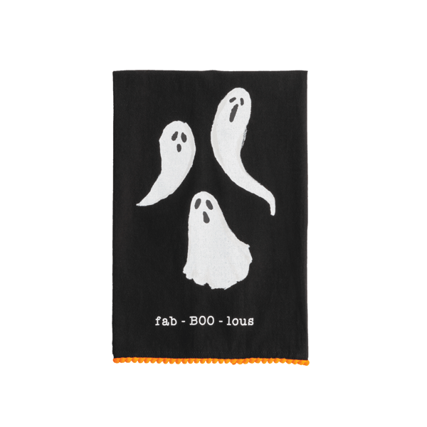 black towel with three ghosts and writing "fab-BOO-lous" against a white background