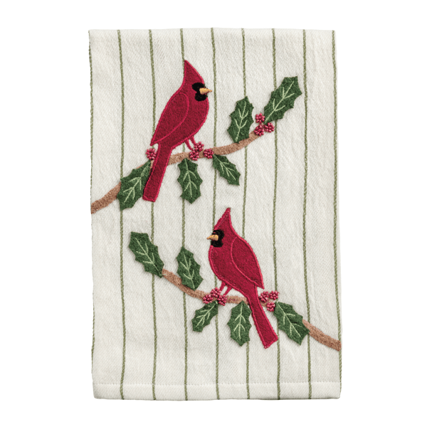hand towel with red cardinal applique against a white background