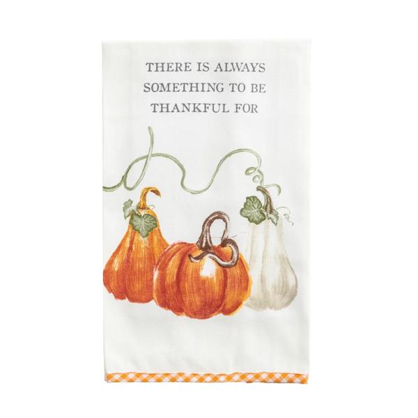 A white kitchen tea towel featuring a watercolor illustration of three pumpkins and a green vine, with the printed text 'THERE IS ALWAYS SOMETHING TO BE THANKFUL FOR' at the top and an orange gingham border at the bottom.