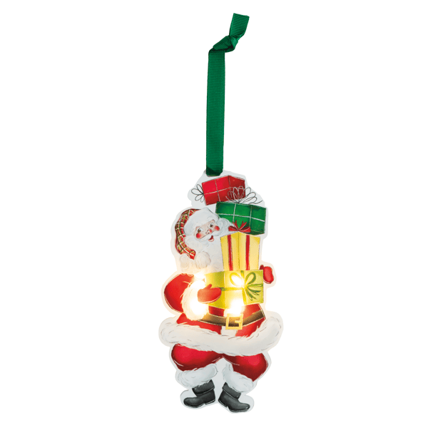light up santa claus ornament with green ribbon against a white background