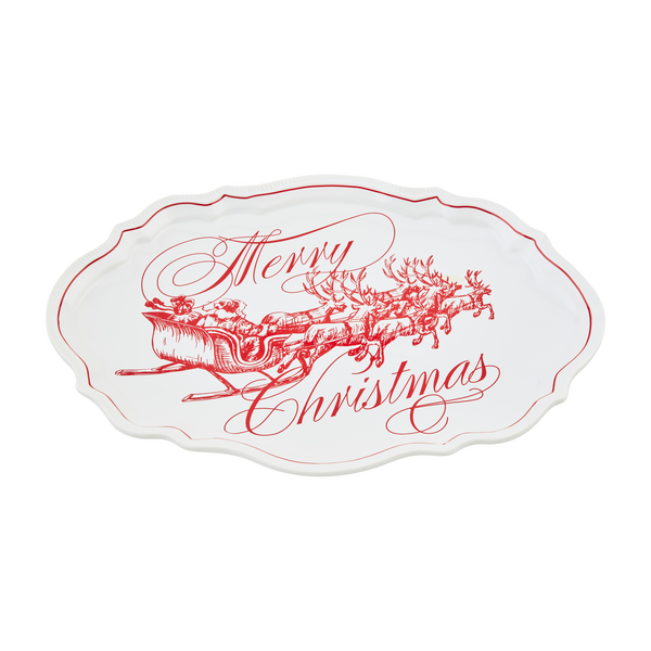 Decorative plate with red 'Merry Christmas' text and reindeer design on a white background