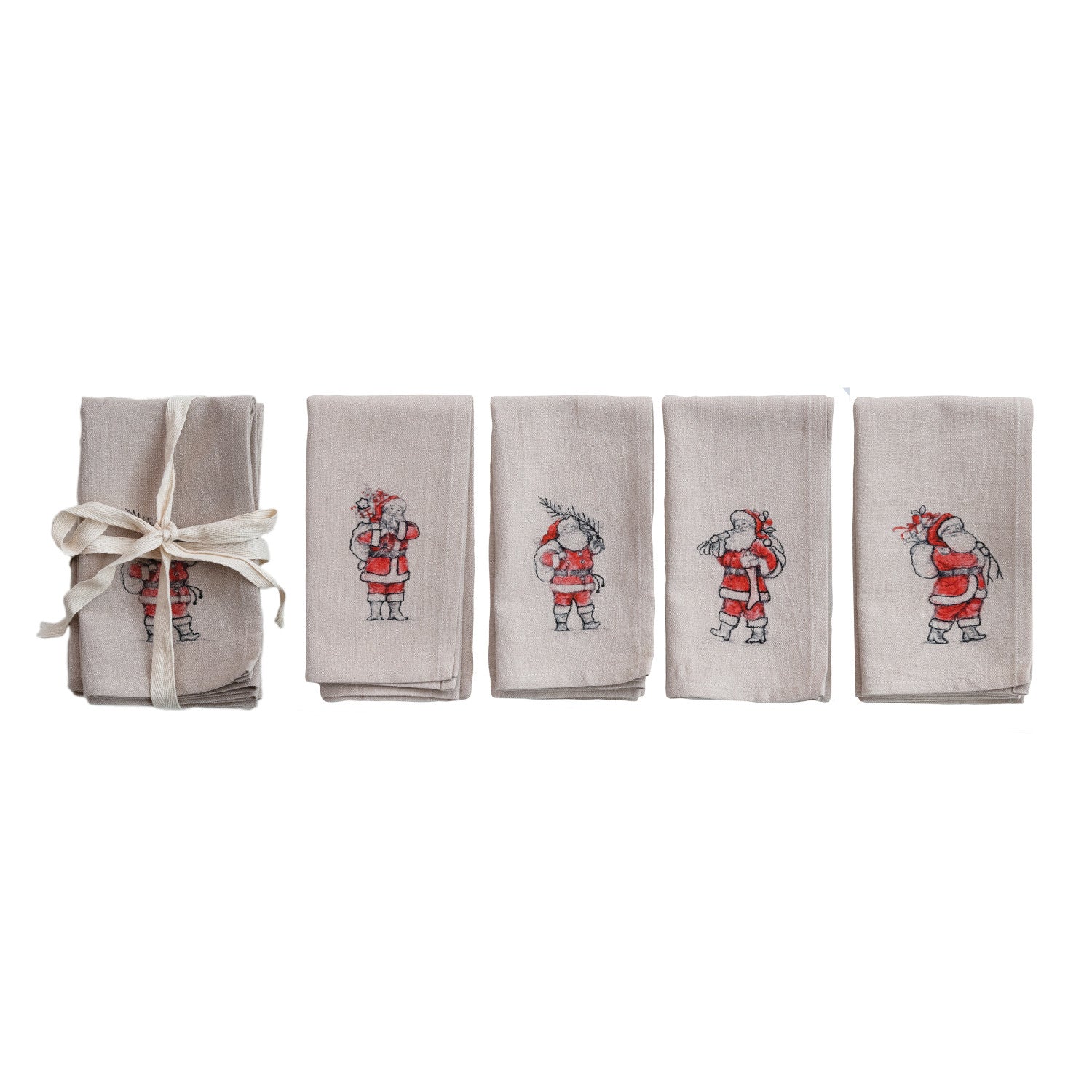 Napkins with Embroidered Santa Image, Natural, Set of 4 Tied with Tape ©